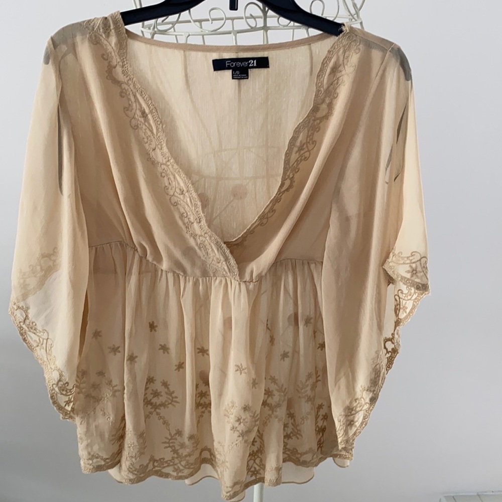 FOREVER 21 Embroidered Flutter Sleeve Top